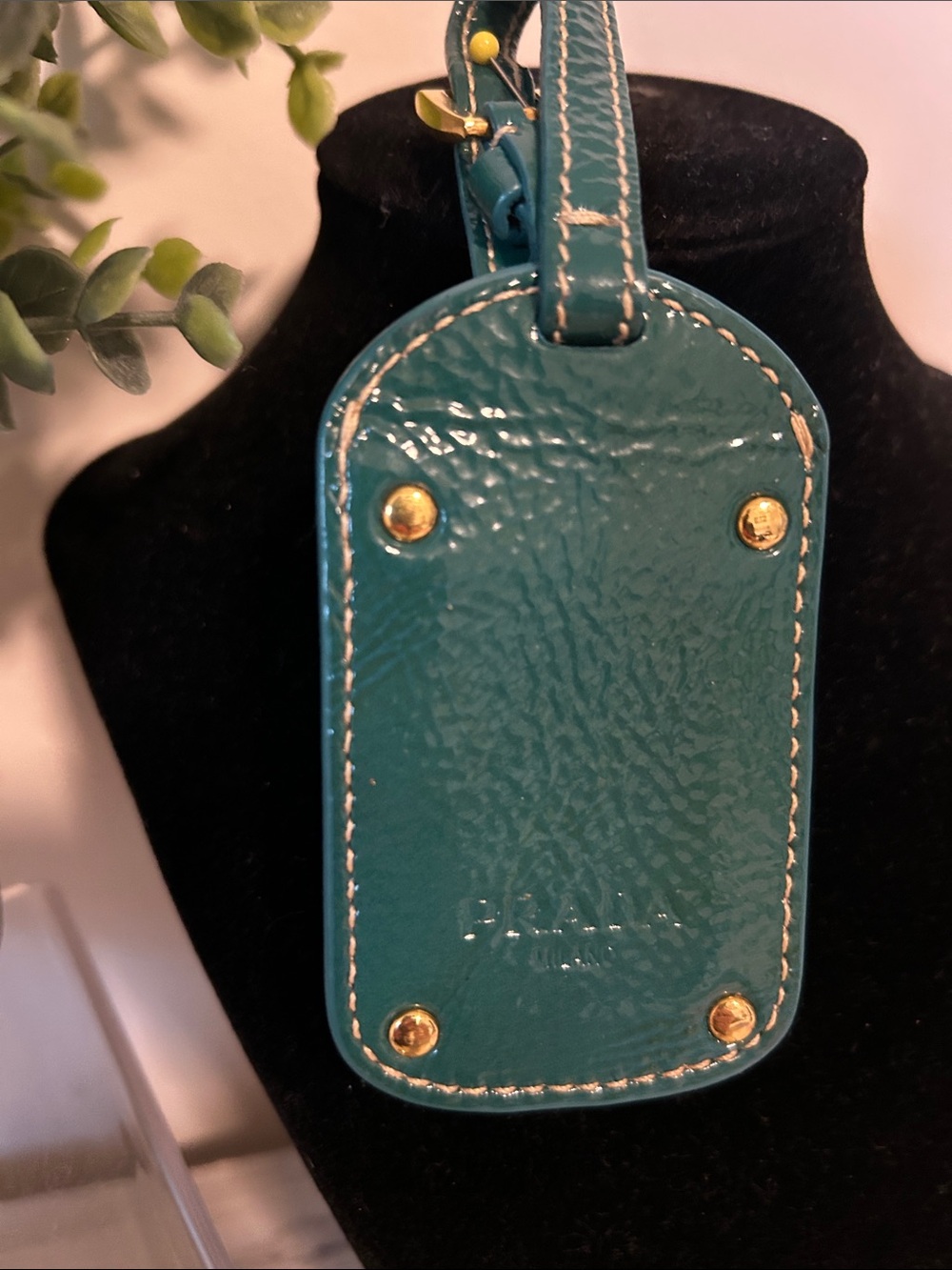 Prada Teal Pebbled Leather Luggage Tag with Gold Hardware
